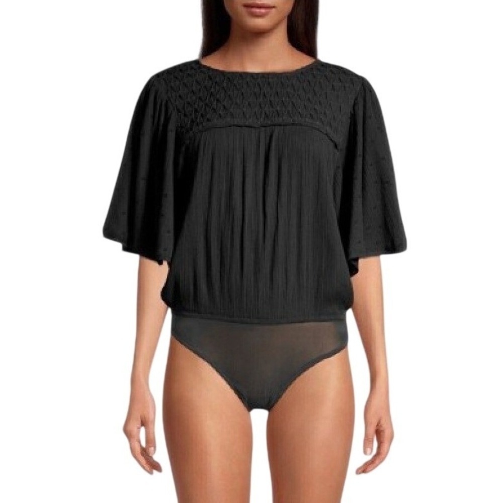 Free People Intimately Black Smocked Swiss Dot Flutter Sleeve Bodice Bodysuit XL